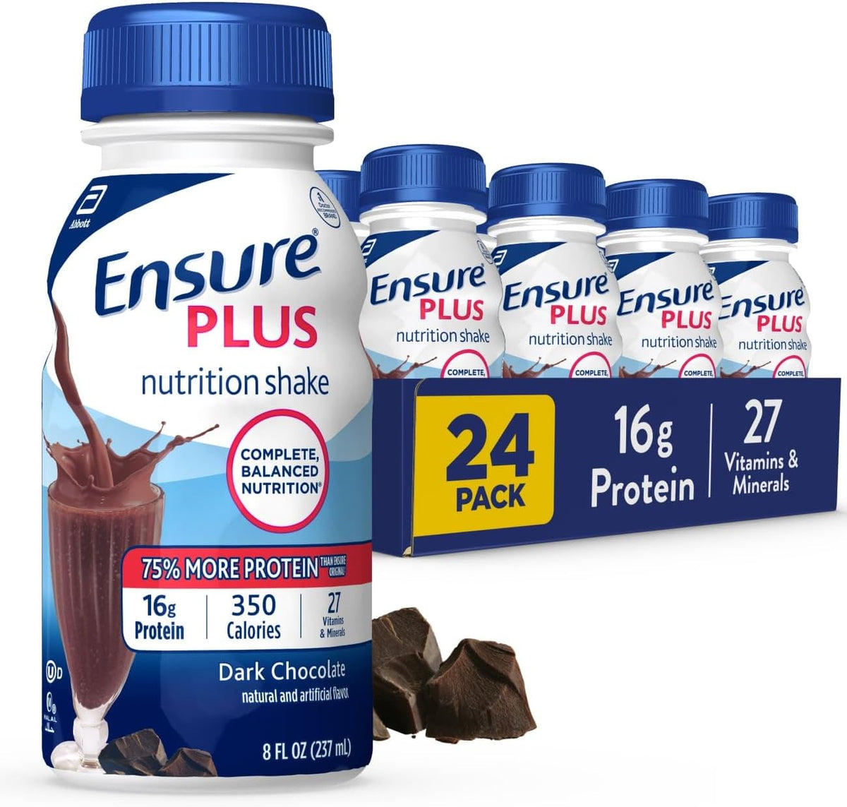 Ensure Plus Dark Chocolate Nutrition Shake | Meal Replacement Shake | Ready to Drink | 16g Protein and 27 Vitamins and Minerals | 8 fl oz - 24 Pack