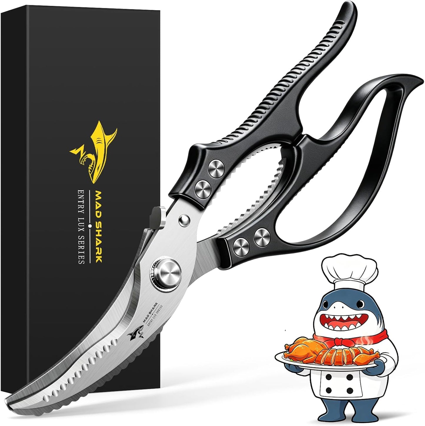 MAD SHARK Heavy Duty Poultry Shears,Spring Loaded Kitchen Shears,Dishwasher | Non-Slip Handle Kitchen Shears, Safety Lock, All Purpose Kitchen Scissors for Chicken, Meat Cutting, Turkey, Fish, Vegetables