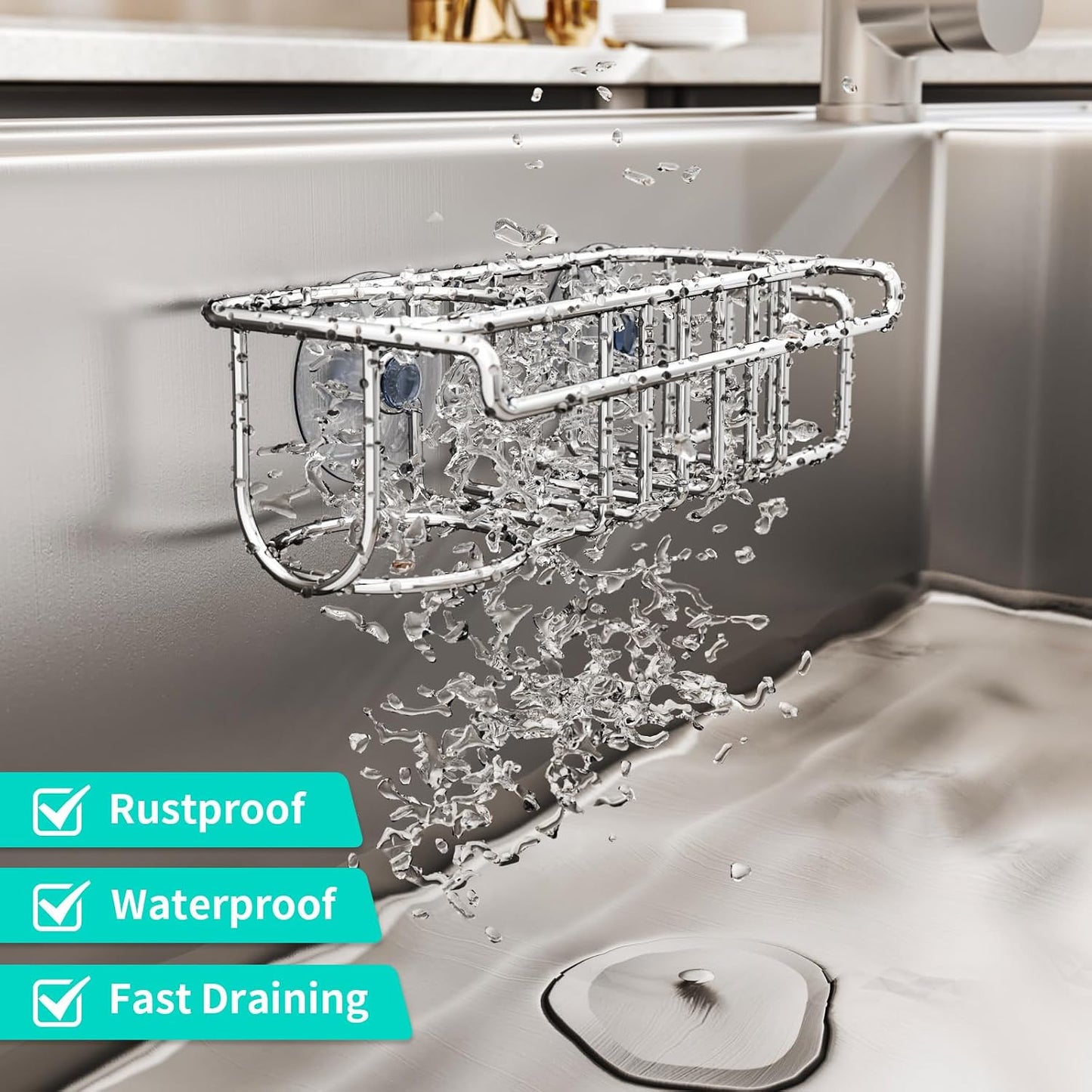 HapiRm 4 in 1 Sink Caddy Sponge Holder, SUS304 Stainless Steel Kitchen Brush Holder and Dish Cloth Hanger, Kitchen Organizers and Storage Essentials - Silver