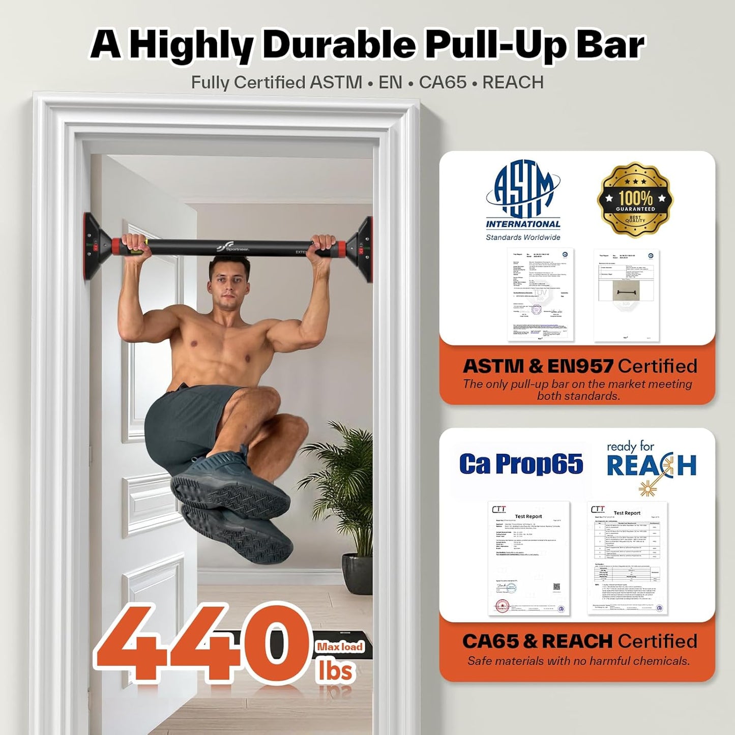 Sportneer Adjustable Doorway Pull-Up Bar, 440 lbs Capacity, No Drilling