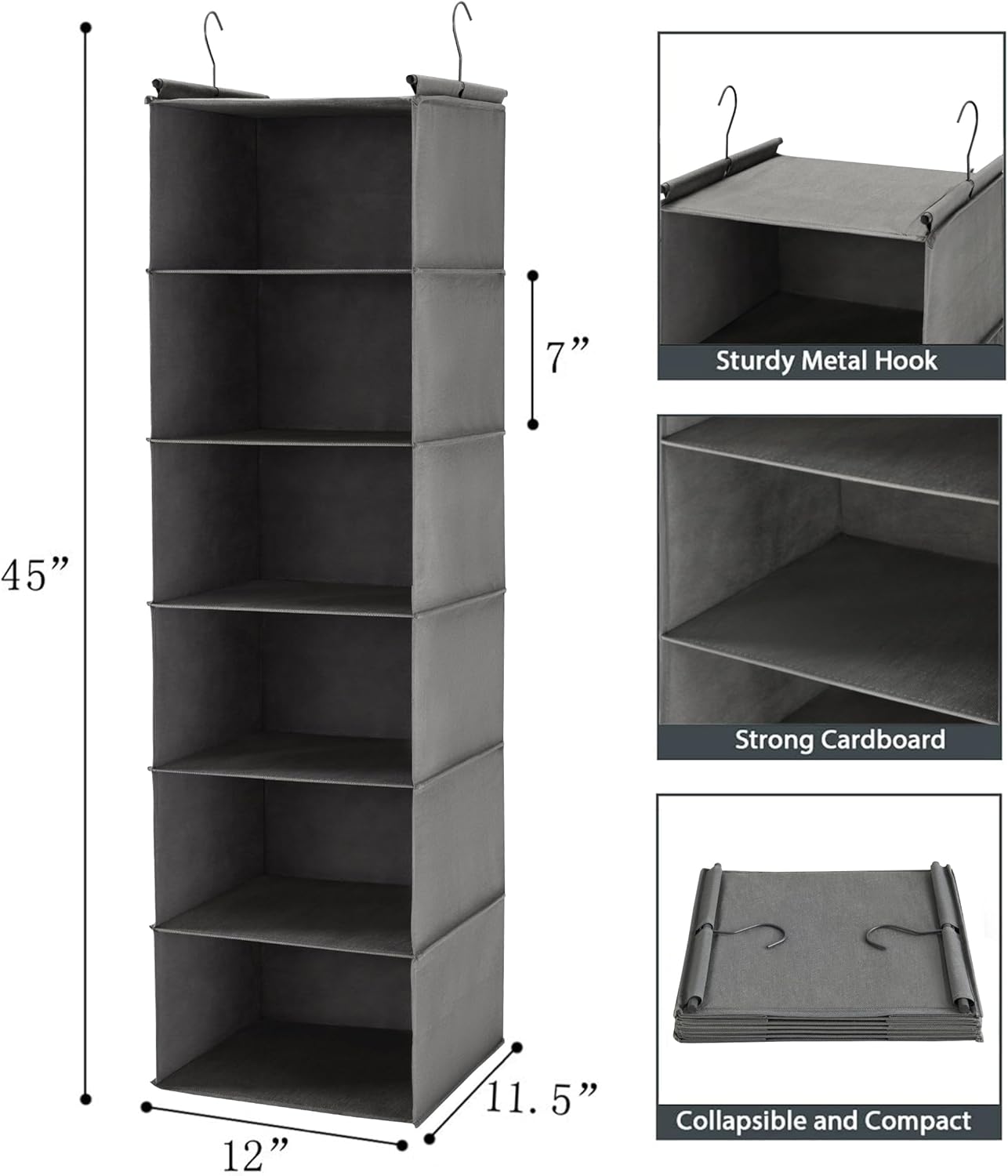 MAX Houser 6 Tier Shelf Hanging Closet Organizer, Closet Hanging Shelf with 2 Sturdy Hooks for Storage, Foldable (Grey)