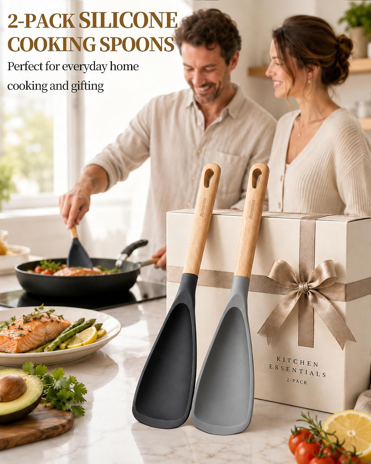 Astercook Cooking Spoon, Nonstick Safe Silicone Spatula with Long Wooden Handles, Heat Resistant, BPA-Free, Built-in Spoon Rest, 2 Pack Spatula Spoon for Stirring, Scooping, Scraping and Serving