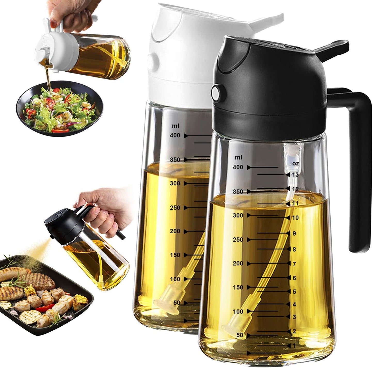 TrendPlain 16oz/470ml Glass Olive Oil Sprayer for Cooking – 2 in 1 Olive Oil Dispenser Bottle for Kitchen Gadgets and Air Fryer Accessories, Salad, BBQ - Black