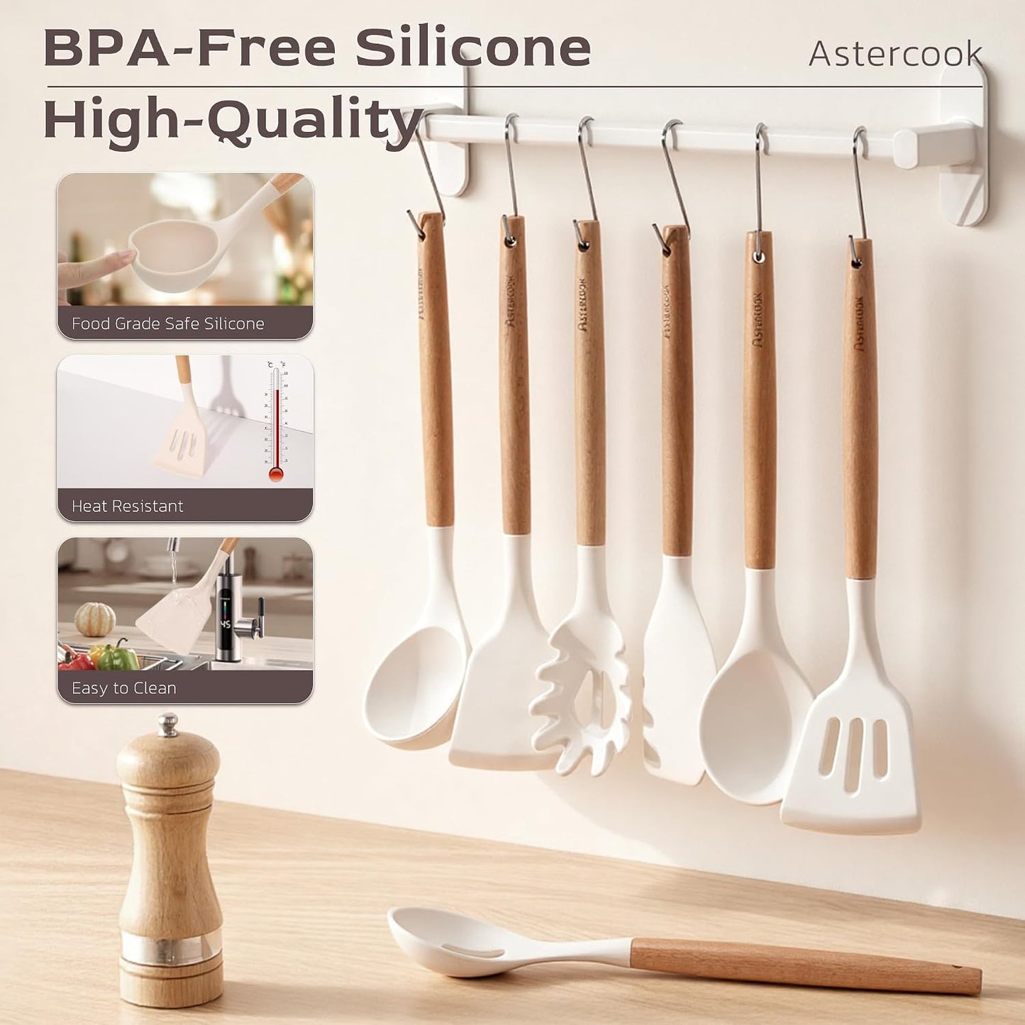 Astercook Kitchen Utensils set, 39 PCS Silicone Cooking Utensils Set with Wooden Handle, 446°F Heat Resistant Food Grade Utensil Sets, BPA Free Kitchen Gadgets Tools Set for Nonstick Cookware (Cream)