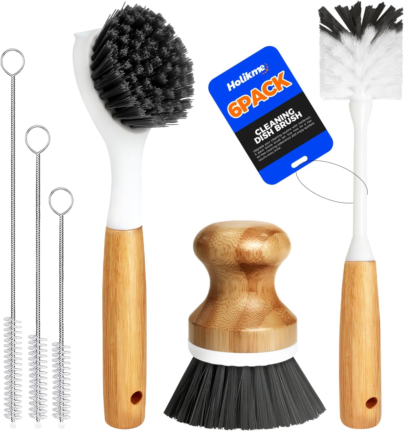 Holikme 6 Pack Dish Brush with Bottle Brush Scrub Brush Straw,Yellow | Dish Brush, Palm Scrub Brush and Straw Brush, Dish Scrubber Long Handle for Dish Bottle Cup Skillet Wok Pot Pan Cast Iron