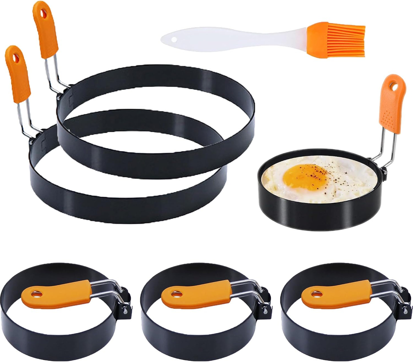 3.5" Egg Rings Set of 4 with Silicone Handle, Large Ring for Frying Eggs, Round Mold for English Muffins - Griddle Cooking Shaper for Indoor Camping Breakfast Sandwiches w/Silicone Oil Brush