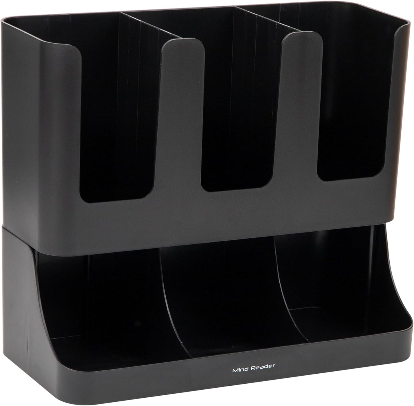 Mind Reader Cup and Condiment Station, Countertop Coffee Bar Organizer with 6 Compartments, Storage Caddy for Cups Lids and Packets, Plastic, Black
