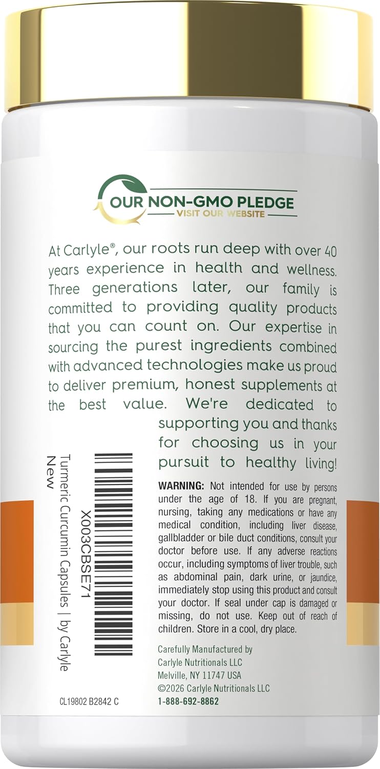 Carlyle Turmeric Curcumin with Black Pepper | 180 Capsules | Turmeric Complex Supplement | Non-GMO, Gluten Free