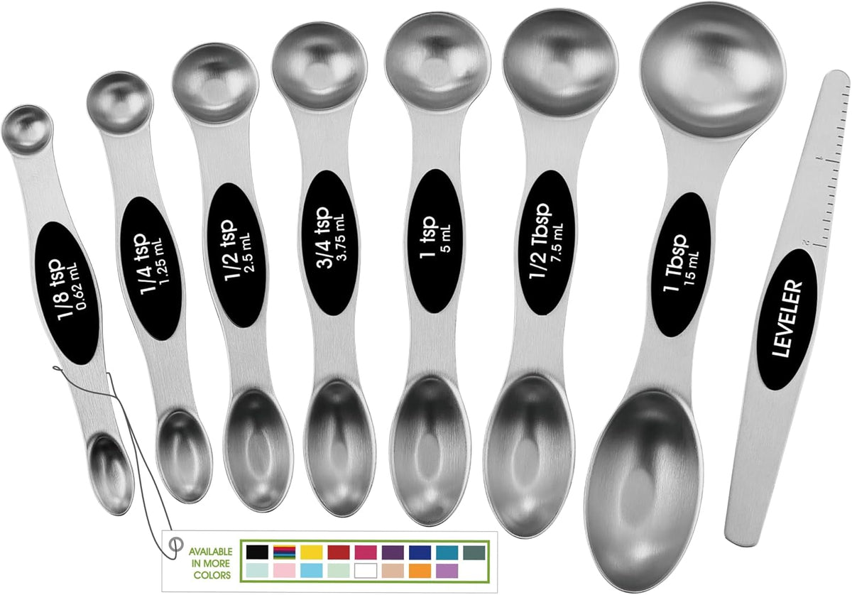 Spring Chef Stainless Steel Magnetic Measuring Spoons Set of 8, Black | Dual Sided Metal Teaspoon & Tablespoon Measuring Spoons with Leveler for Dry & Liquid Ingredients, Nesting, Dishwasher Safe