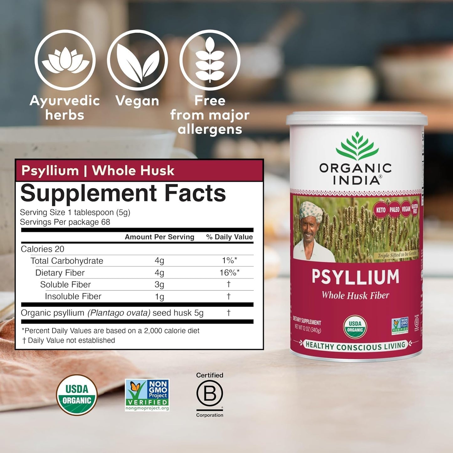 ORGANIC INDIA Psyllium Herbal Powder - Whole Husk Fiber, Vegan, Gluten-Free, USDA Certified Organic, Non-GMO, Soluble & Insoluble Fiber Source - 12 Oz Canister (Pack of 1)