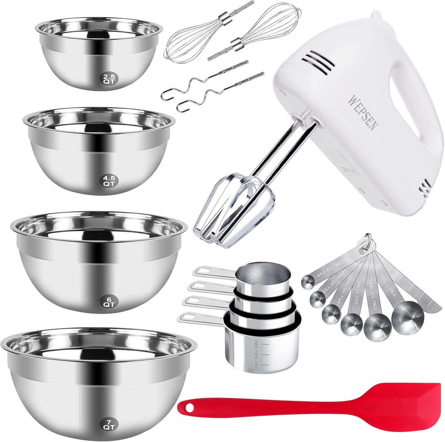 WEPSEN Mixing Bowls Set, 25PCS Stainless Steel Mixing Bowl with Lid Set, Large Nesting Bowls 7, 4.5, 3,2, 1.5QT, Measuring Cups and Spoons Baking Utensils Metal Bowl for Kitchen Prep
