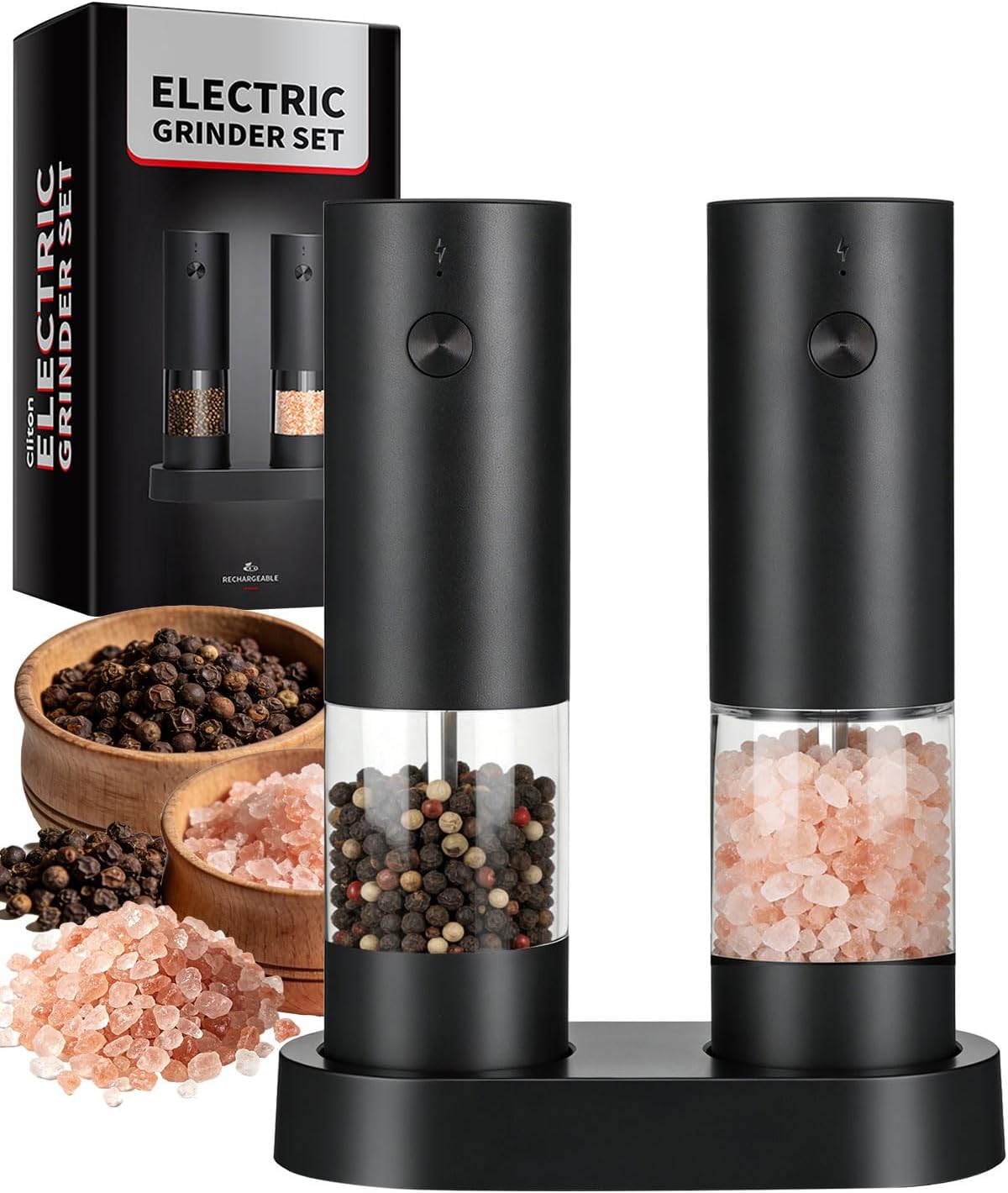 Electric Salt and Pepper Grinder Set Rechargeable, Automatic Salt and Pepper Shakers Mill Refillable, One Hand Operation Adjustable Coarseness, Kitchen Gadgets, House Warming Gifts New Home