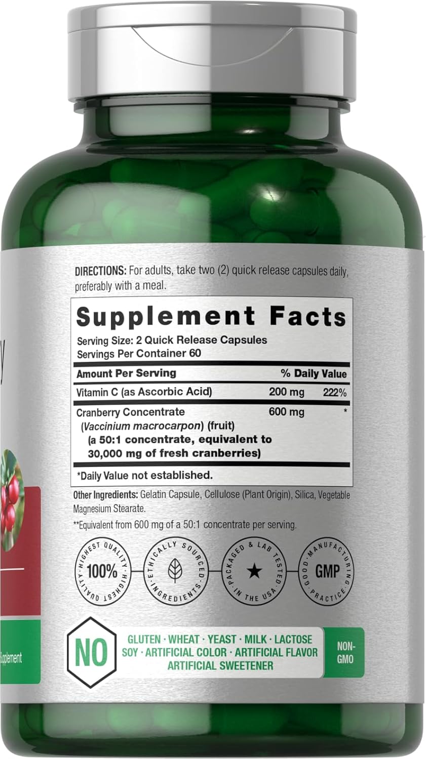 Horbäach Cranberry Concentrate Extract Pills + Vitamin C | 120 Capsules | Supplement for Women and Men | Triple Strength Ultimate Potency Formula | Non-GMO and Gluten Free