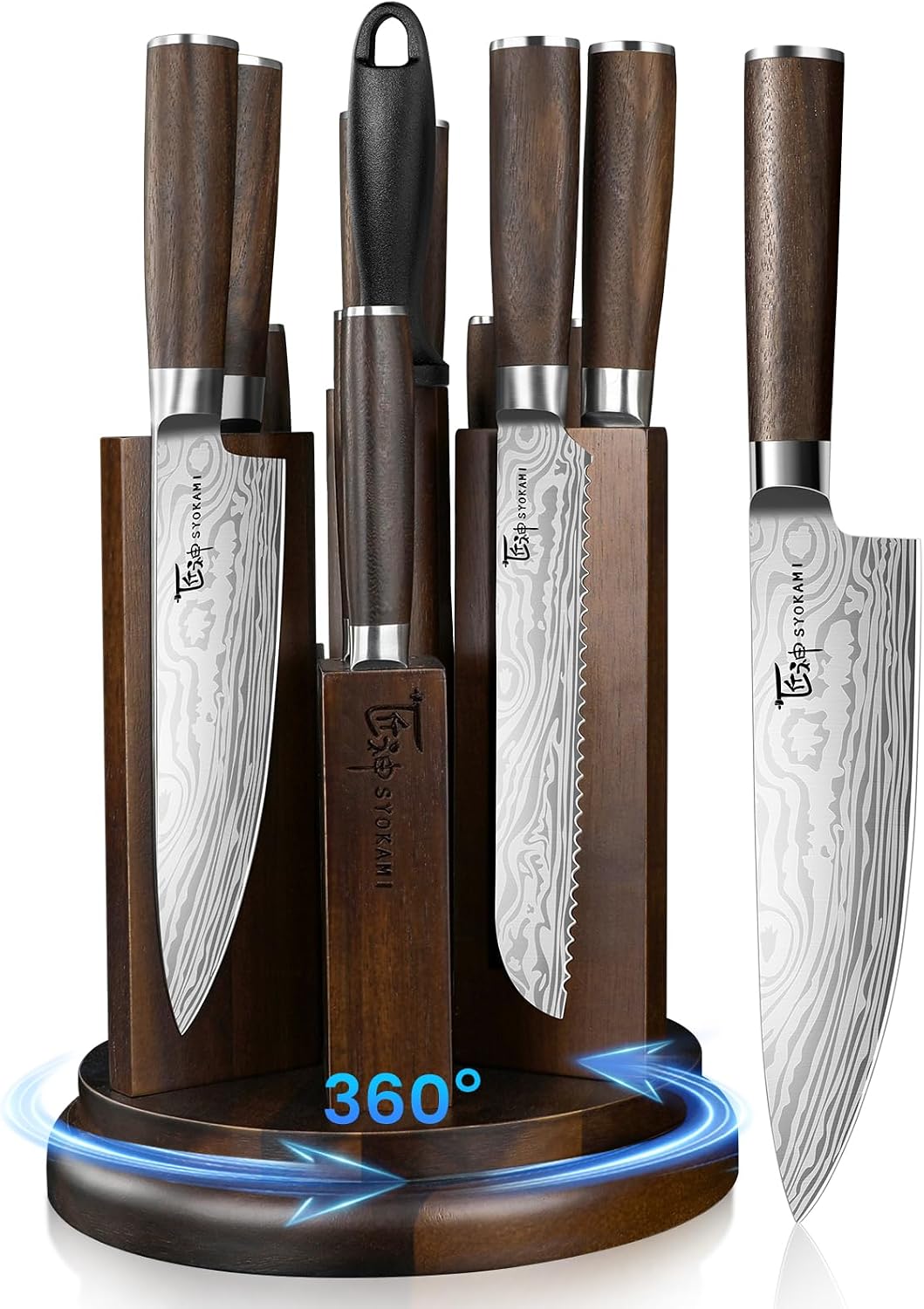 SYOKAMI 2026 Upgrade Knife Set 7 Piece Japanese Style Kitchen Knife Set With Foldable Magnetic Acacia Wood Block Sharp High Carbon Stainless Steel Chef Knives Set with Anti-slip Handle, Ideal for Gift