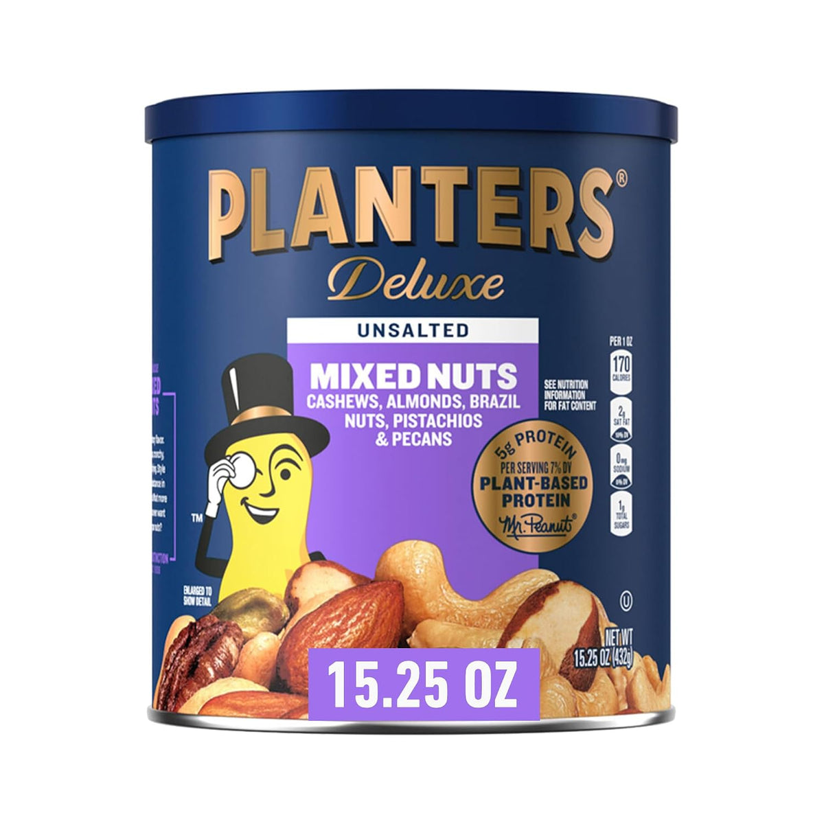PLANTERS Unsalted Mixed Nuts Canister with Cashews, Pistachios, Almonds, Brazil Nuts, and Pecans, 15.25 oz