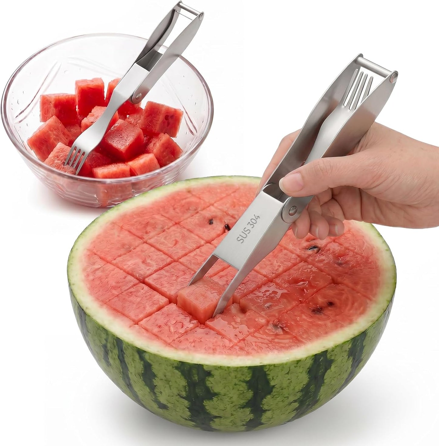 CripsTaste Watermelon Cutter Slicer Tool Stainless Steel Watermelon Fork | 2-in-1 Watermelon Fork Slicer Retractable Fork & Dual Blades for Easier Cutting, Fruit Cutter Slicer for Kitchen Gadget Party