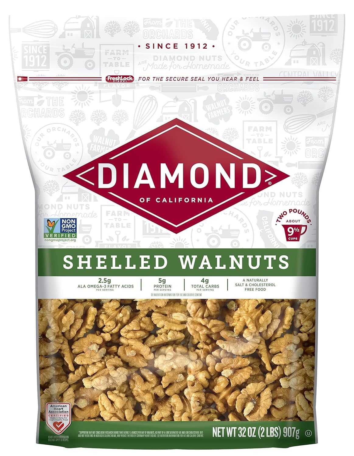 Diamond of California Shelled Walnut Halves and Pieces, 32 oz Raw Walnuts for Baking and Snacking