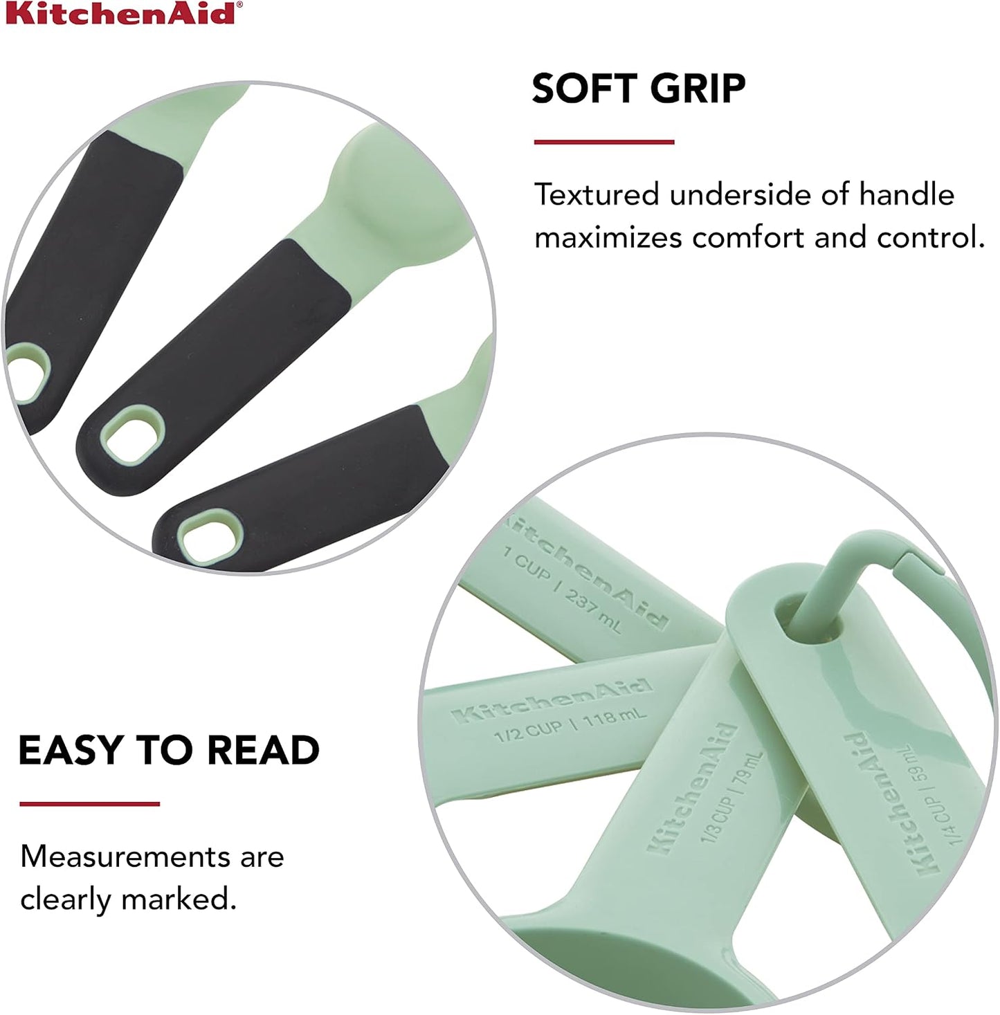 KitchenAid Universal Easy To Read Measuring Cup and Spoon Set with Soft Grip Handle for Maximum Control, Hang Hole and Nesting For Easy Storage, Dishwasher Safe, 9 Piece, Pistachio