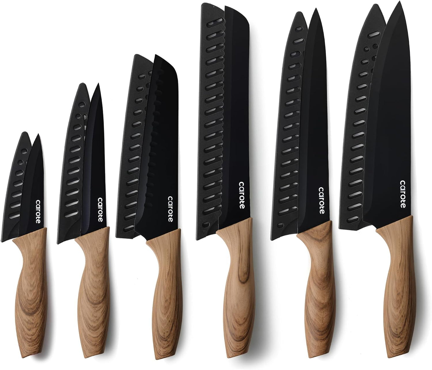CAROTE 12-Piece Knife Set, Knives with Wood-Grain Finish Handles, Black | 6 Blade Guards, Stainless Steel Blade, Ceramic Nonstick Coating, Long-Lasting Sharpness, Rust-Resistant, Kitchen, Camping, RV