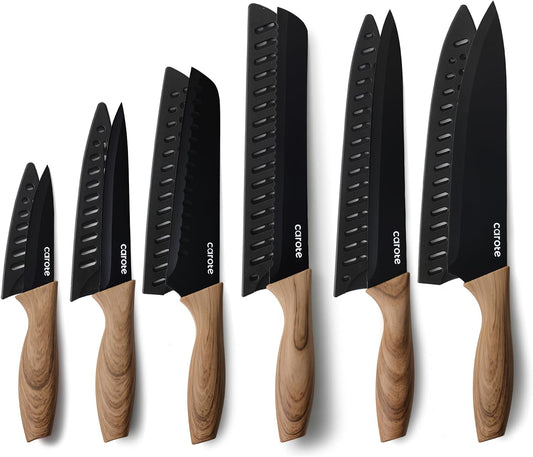 CAROTE 12-Piece Knife Set, Knives with Wood-Grain Finish Handles, Black | 6 Blade Guards, Stainless Steel Blade, Ceramic Nonstick Coating, Long-Lasting Sharpness, Rust-Resistant, Kitchen, Camping, RV