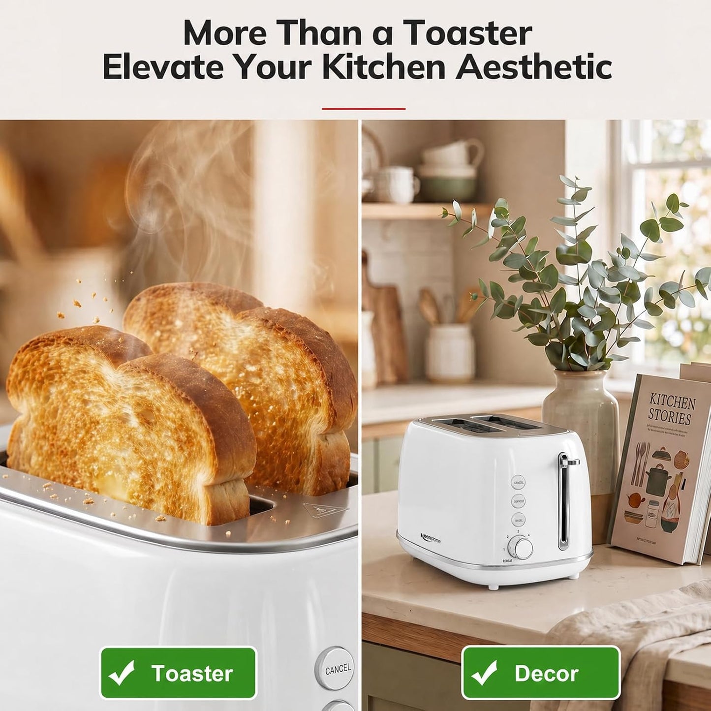 Keenstone 2 Slice Toaster, Retro Stainless Steel Kitchen Essentials, White | Retro Kitchen Decor, 18/8 Food-Grade Steel, 1.5” Slots & 6 Browning Levels, Bagel/ Defrost/ Reheat, Removable Crumb Tray