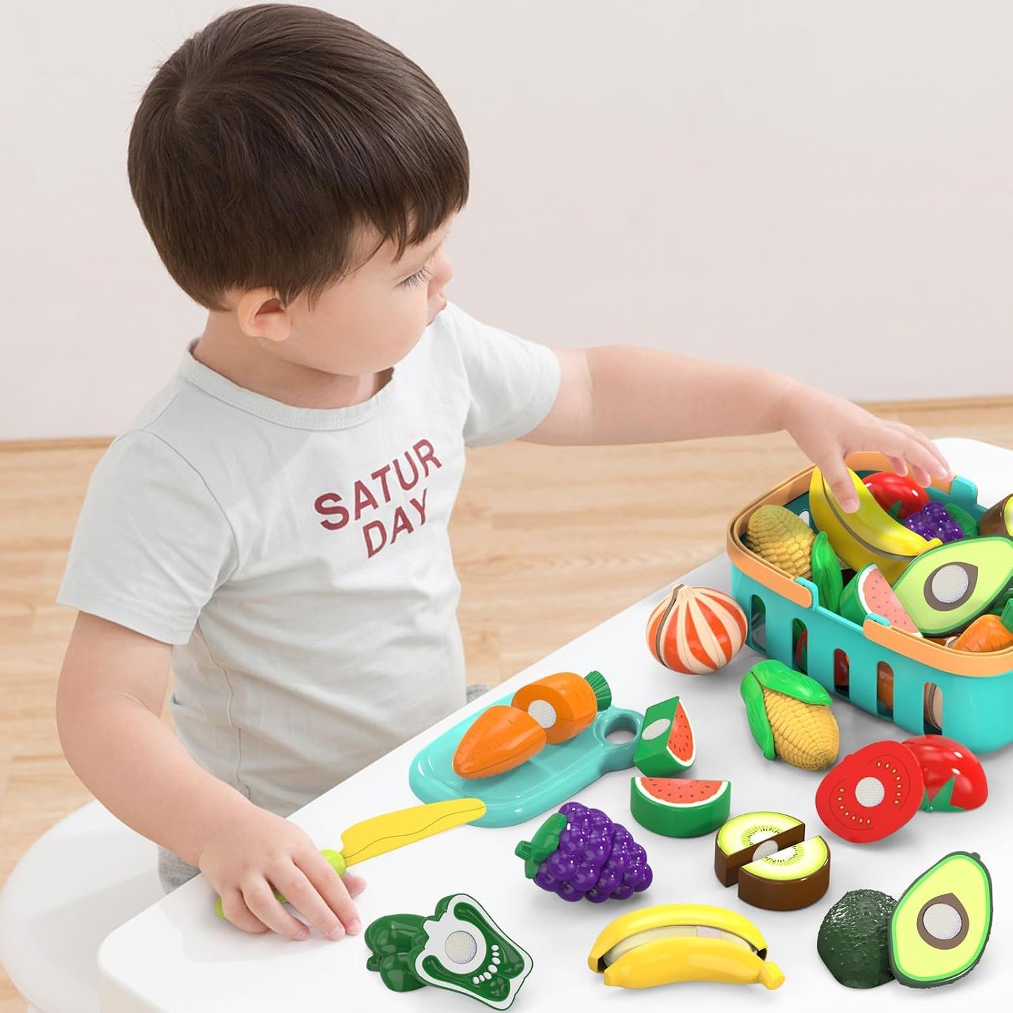 Cutting Play Food Toys for Kid, Pretend Play Kitchen Accessories, Fake Food | Fake Fruits/Vegetables Set With Shopping Storage Basket, Plastic Board And Knife, Birthday Gifts/Educational Toy For Toddler
