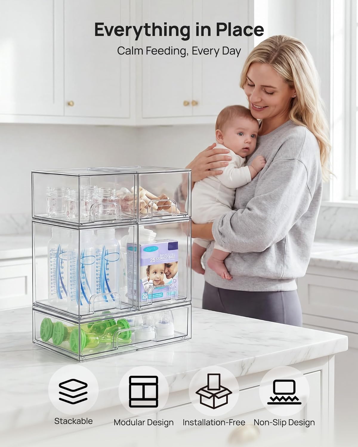 Vtopmart Stackable Storage Drawers Set of 5, Clear Plastic Organizer Bins for Baby Bottle, Beauty Supplies Storage, Ideal for Kichen Countertop, Vanity, Bathroom, Cabinet, Pantry Organization