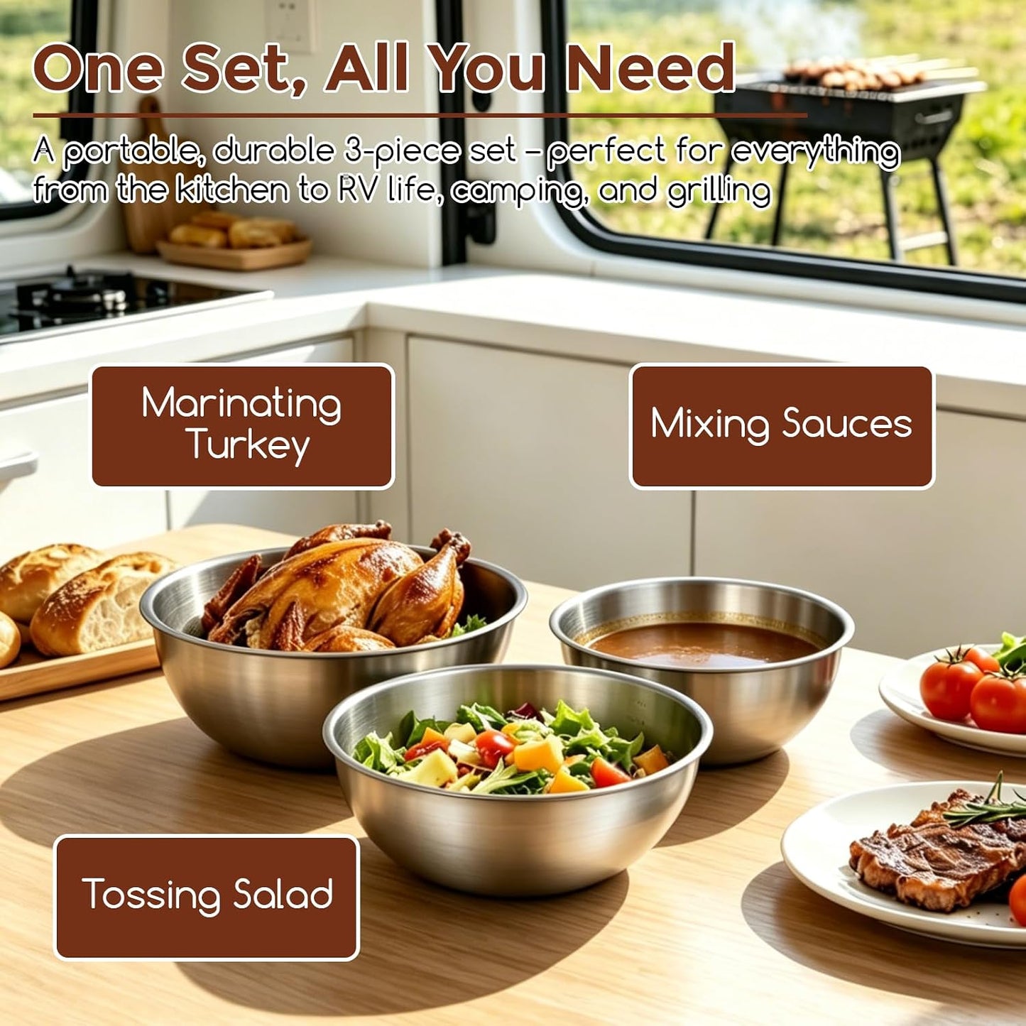 Gronivex Stainless Steel Mixing Bowls Set, 3-Piece (1.5, 2.2 & 3.4 Qt) | Food-Grade Metal, Dishwasher safe，Stackable Nesting & Space-Saving – For Kitchen Baking, Salads, Meal Prep, RV & Camping