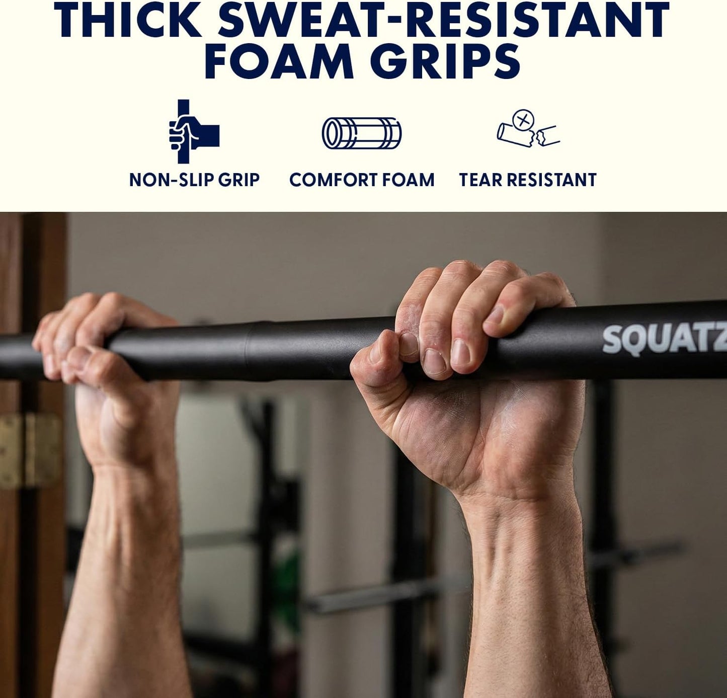 Squatz Adjustable Doorway Pull-Up Bar with Level, Locking Mechanism & Foam Grips