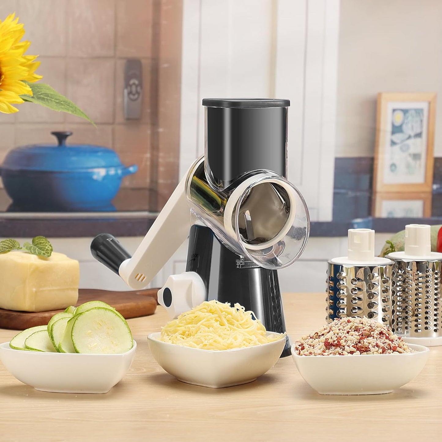 Cambom Rotary Cheese Grater Hand Crank Cheese Shredder, Black | for Fresh Cheese, Vegetable, Nuts,Non-slip Suction Base, Three Blades