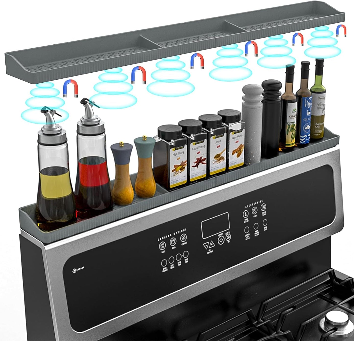 30" Magnetic Stove Top Shelf, Silicone Over the Stove Spice Rack Organizer | Heat Resistant Silicone, Anti-Rattle No-Scratch Range Shelf, 3 Functional Partitions Kitchen Storage for Spices