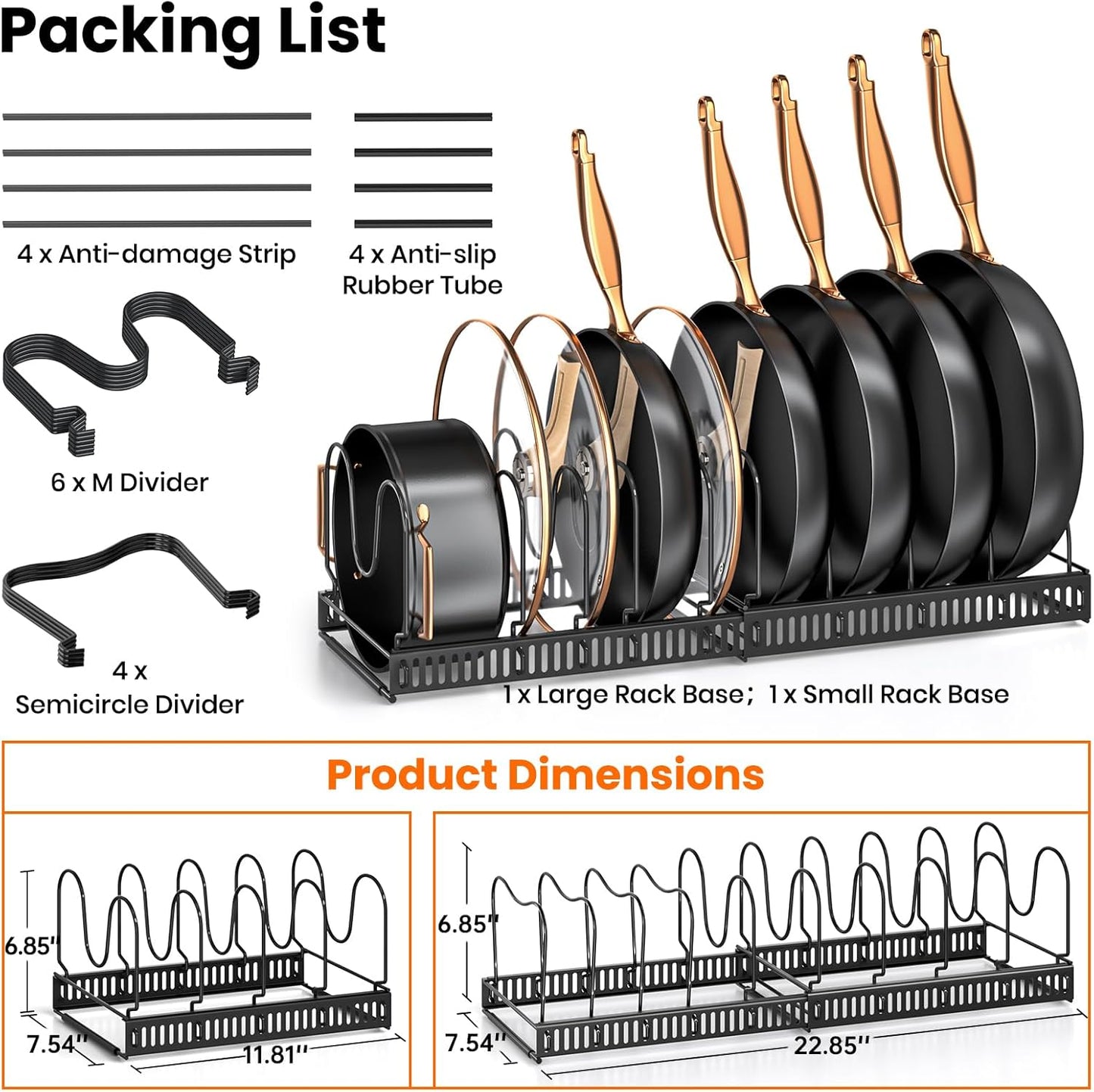 MUDEELA Pots and Pans Organizer Rack for under Cabinet, Expandable 11.81''-22.85'' Pot Lid Kitchen Cabinet Organizer Holder with 10 Adjustable Compartment Cutting Board Organizer for Pan Lid, Bakeware
