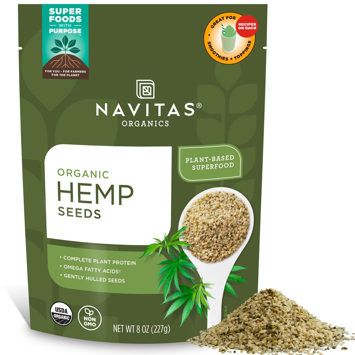 Navitas Organics Hemp Seeds – For Smoothies, Salads, Dips, Baked Goods & More – Essential Fatty Acids, Protein & Minerals – USDA Organic, Non GMO, Gluten Free, Kosher, Vegan (8oz. Bag 8 Servings)