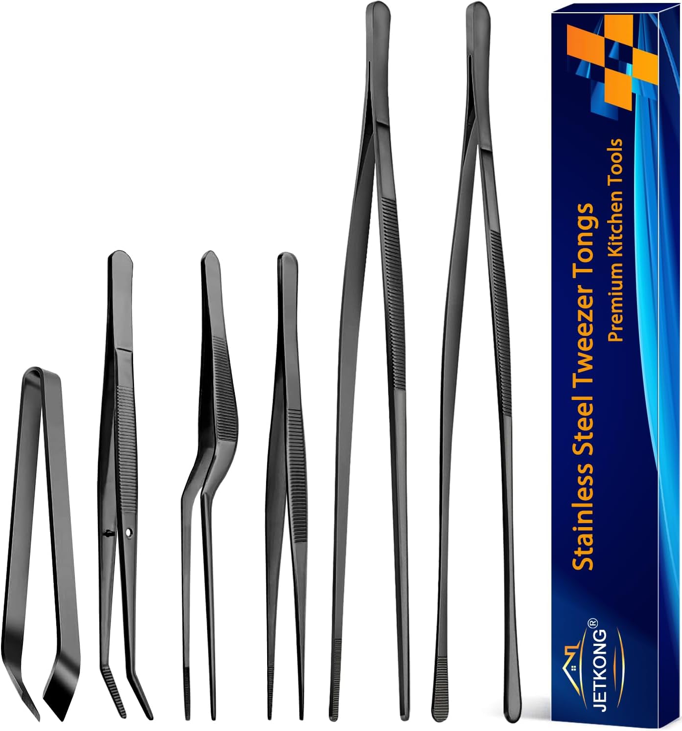 JETKONG 6 Pcs Cooking Tweezer Tongs, 12'' and 6.3" Stainless Steel Kitchen Tweezer Set, Professional Chef Tweezers for Cooking, Repairing, Sea Food, BBQ, Multi-use