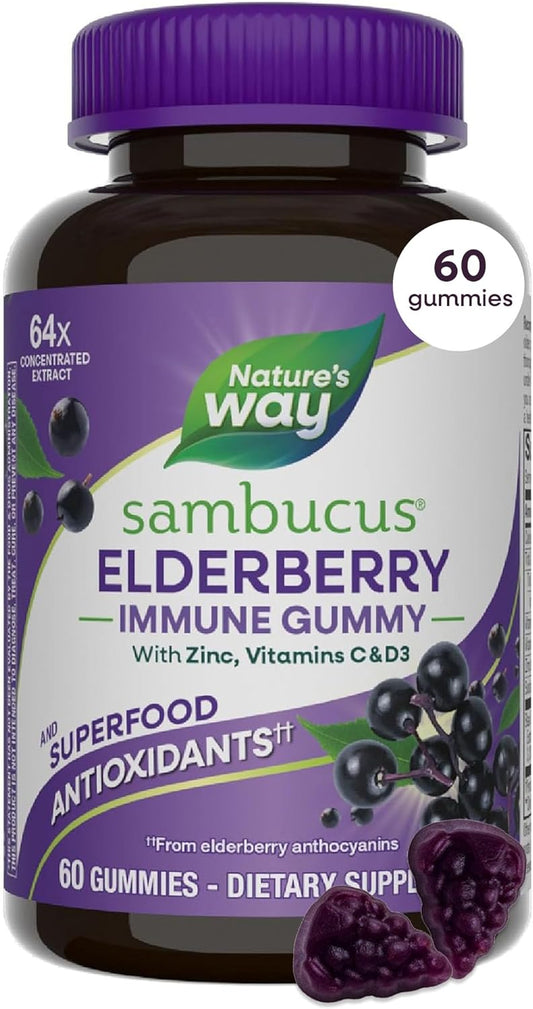 Nature's Way Sambucus Elderberry Gummies, Immune Support Gummy for Adults & Kids Ages 4+ with Black Elderberry Extract, Vitamin C, Vitamin D3, and Zinc*, 60 Gummies