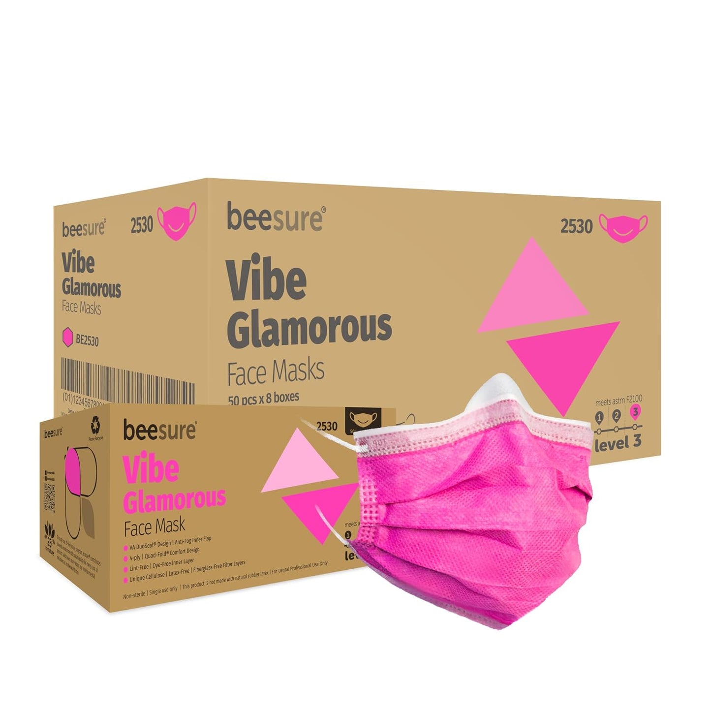 BeeSure Vibe Face Masks, Glamorous Pink, Latex-Free, Pack of 50