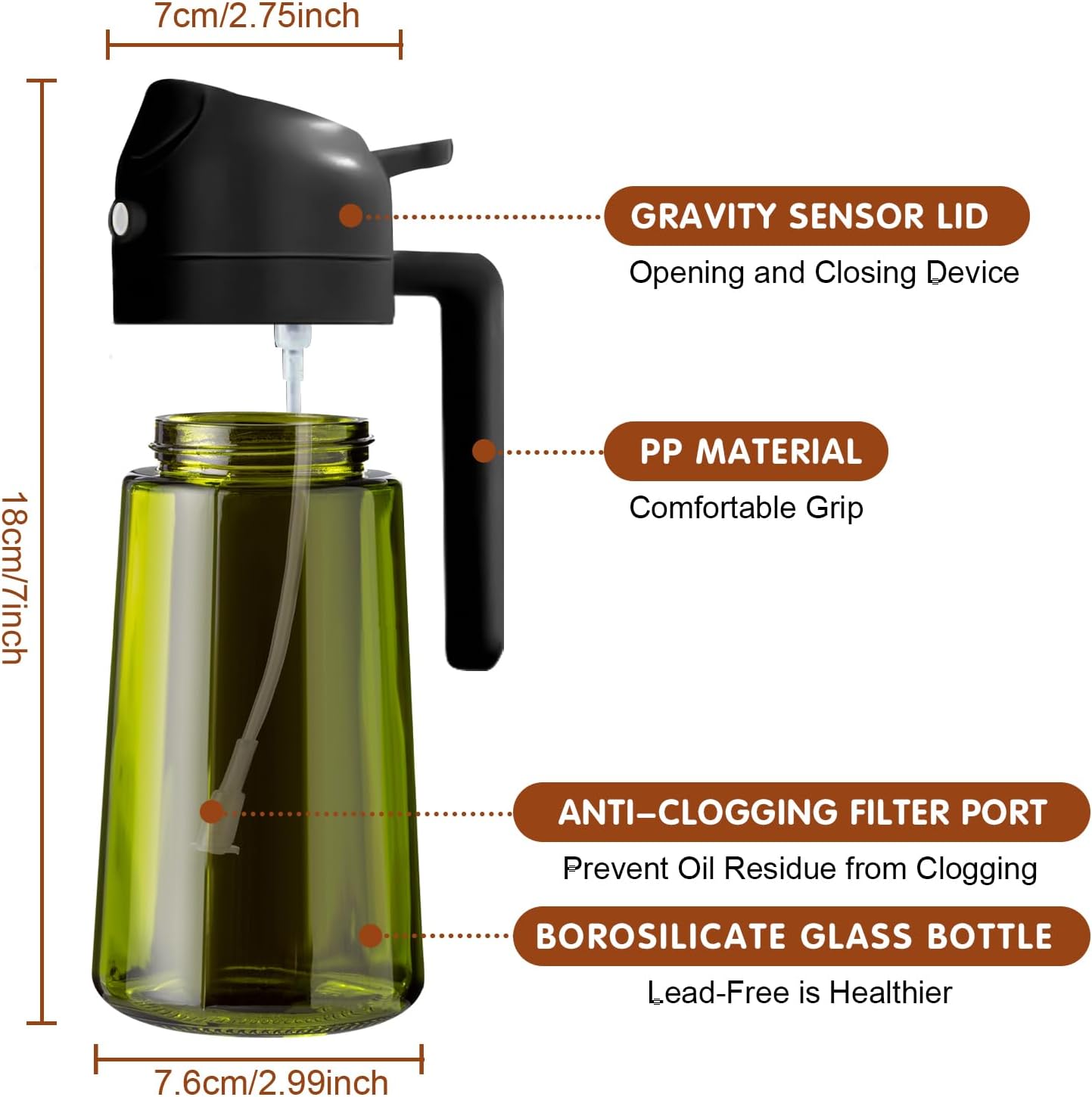 YARRAMATE 16 oz Dark Glass Olive Oil Sprayer & Dispenser, 2-in-1, Black | Light-blocking dark green glass, food-grade spray and pour bottle for cooking, air fryer, salad and BBQ