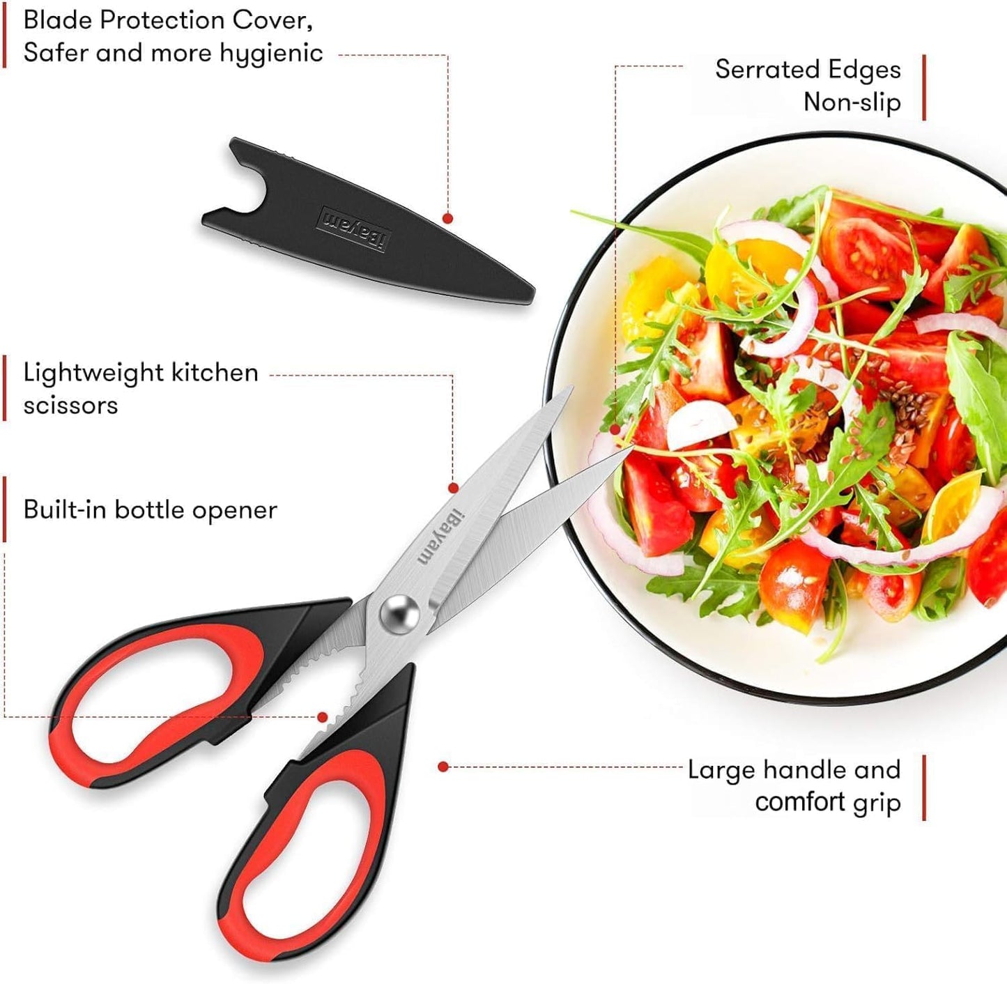 iBayam Kitchen Scissors Shears All Purpose Heavy Duty, Protective Sheath | 2-Pack, Ultra-Sharp Stainless Blades, Soft Comfort-Grip, Dishwasher Safe, Cutting Food Cooking Meat Poultry Kitchen Utensils