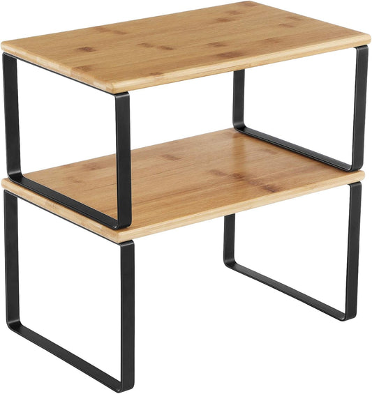 SONGMICS Cabinet Organizer Shelf, Set of 2 Kitchen Counter Shelves, Kitchen Storage, Spice Rack, Stackable, Expandable, Metal and Engineered Wood, 11.7 Inches, Ink Black and Natural Beige UKCS02NB