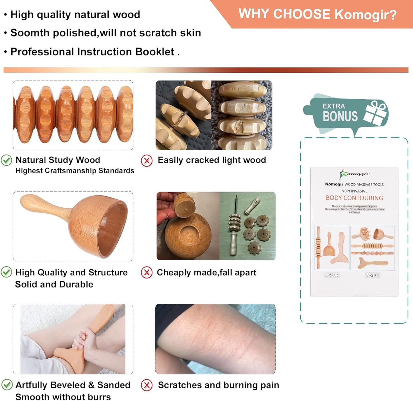 Komogir 3-in-1 Wood Therapy Massage Tools for Lymphatic Drainage and Body Sculpting