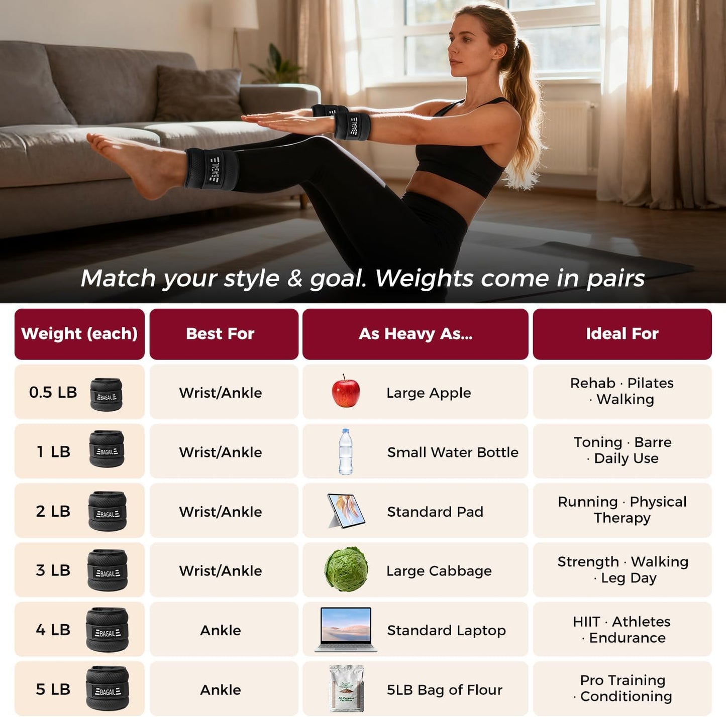 BAGAIL Ankle Wrist Weights for Women & Men, 1-10 LBS Adjustable Leg Arm Weights