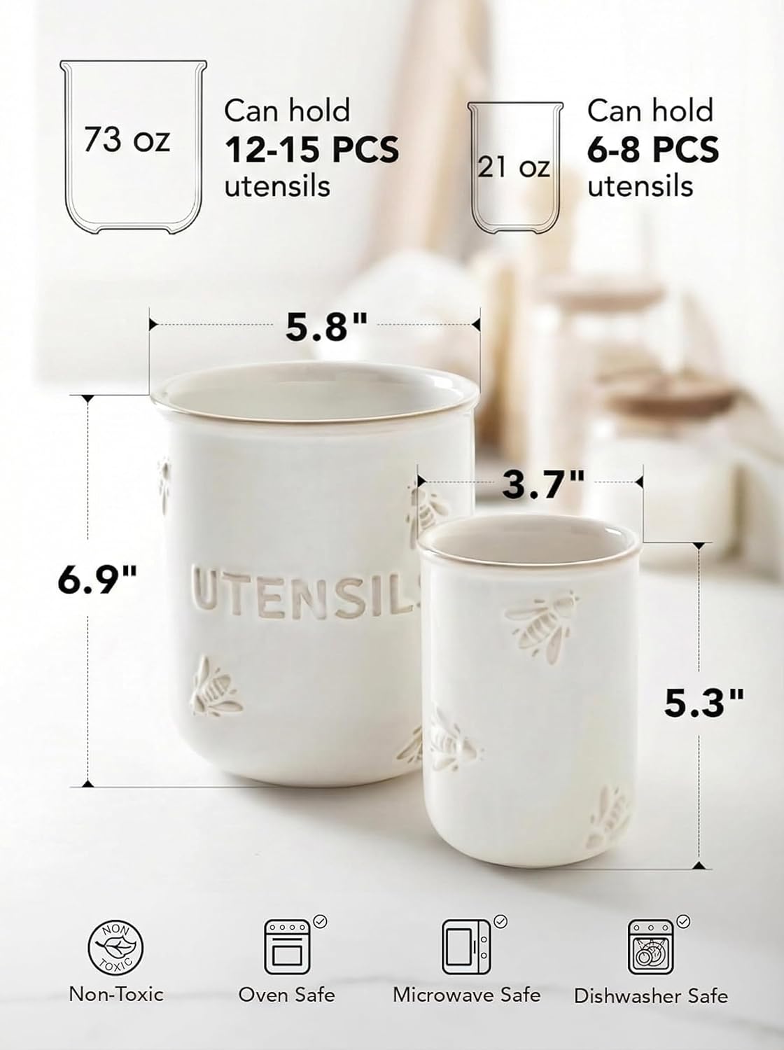LE TAUCI Kitchen Utensil Holder Set of 2 - 6.9"+5.3" Large Ceramic Cooking Utensil Crock & Organizer for Spatula, Spoon, Whisk - Farmhouse Countertop Storage, Arctic White, Embossed, Bee