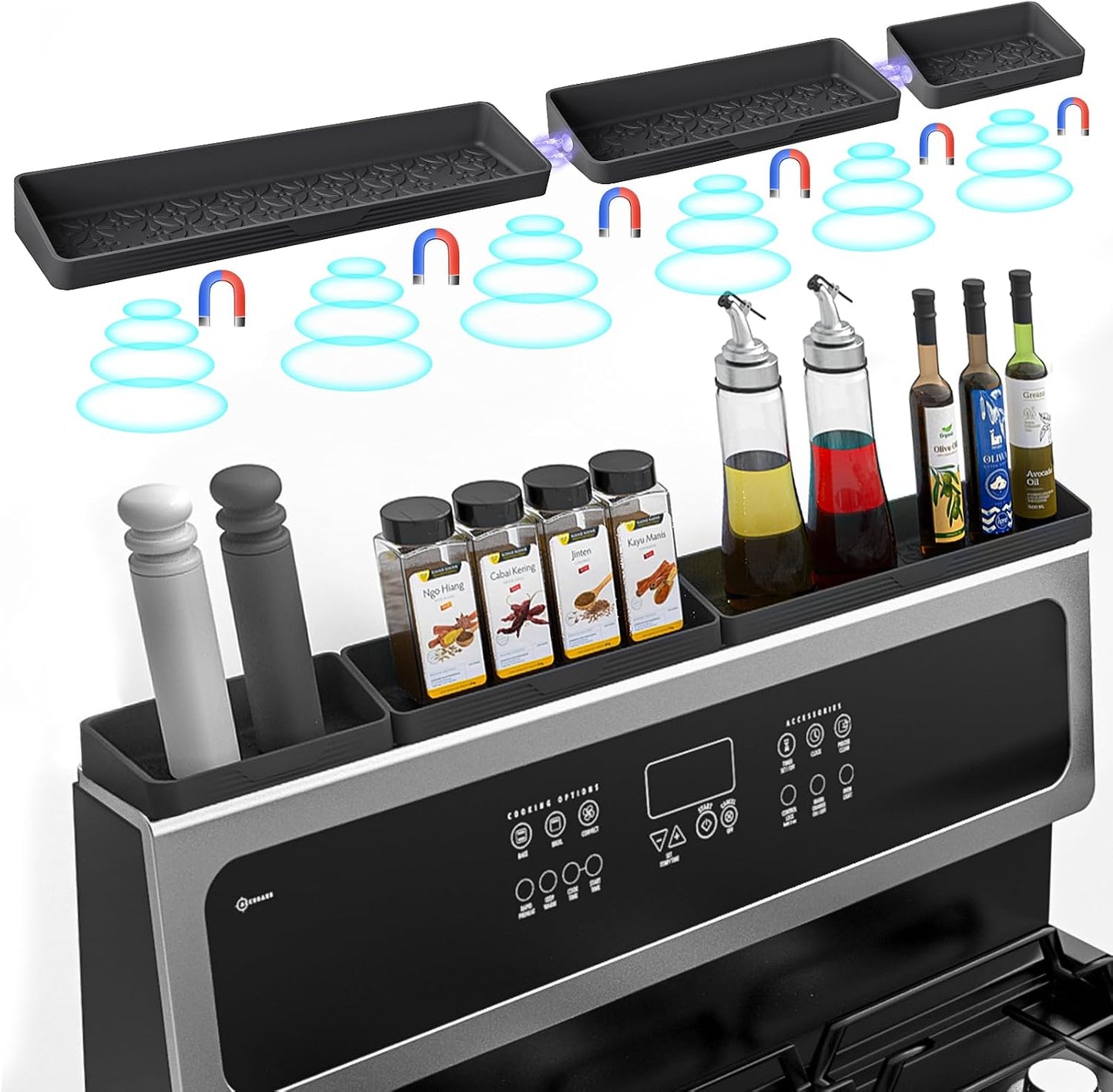 30" Magnetic Stove Top Shelf, Silicone Over the Stove Spice Rack Organizer | Heat Resistant Silicone, Anti-Rattle No-Scratch Range Shelf, 3 Functional Partitions Kitchen Storage for Spices