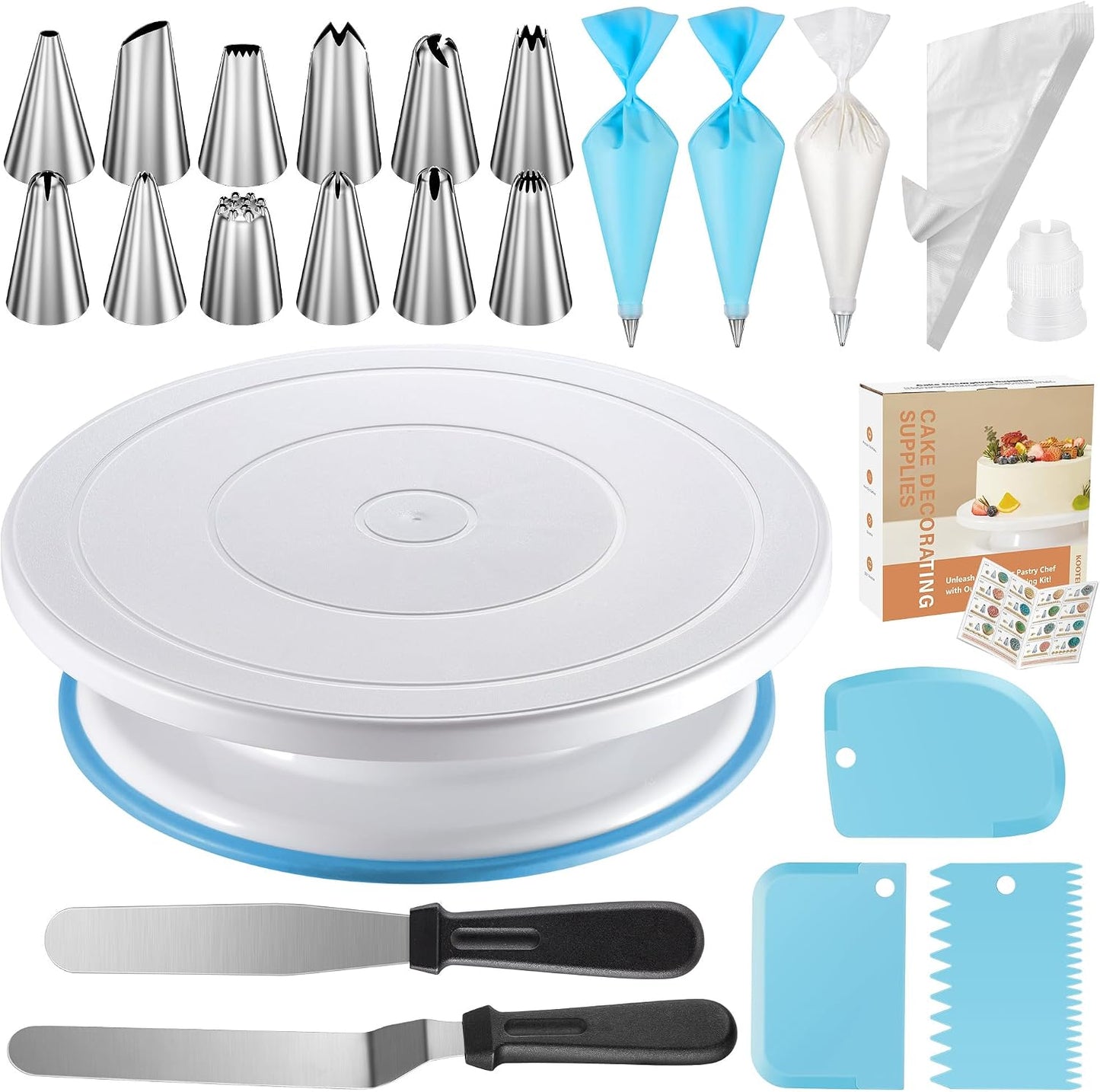 Kootek 158PCs Cake Decorating Kit, Baking Supplies Tools - Includes Cake Stand Turntable, 64 Icing Piping Tips Set, 2 Frosting Spatulas, 3 Scrapers, 50+2 Pastry Bags, Coupler, Video Tutorial, Booklet