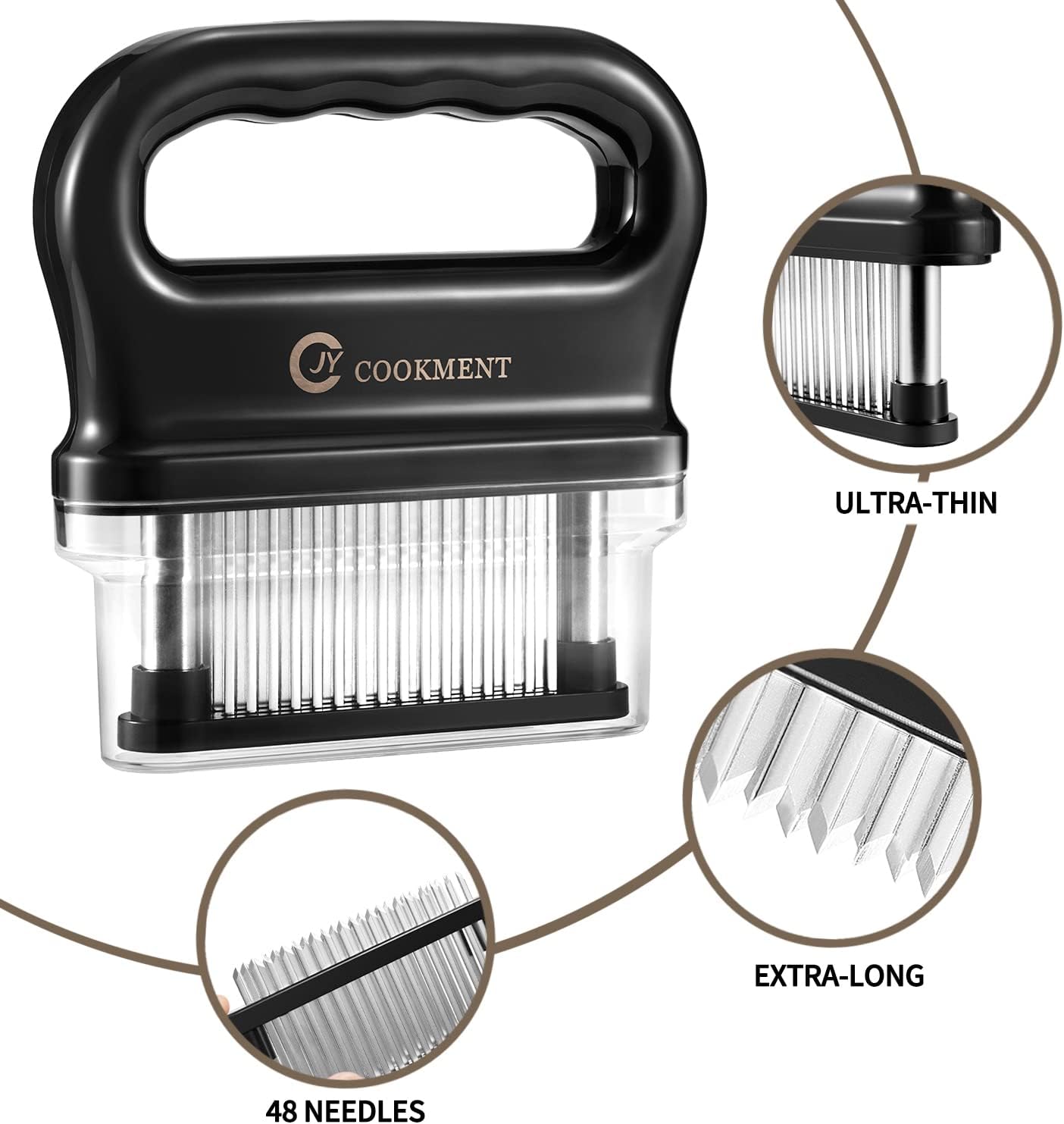 JY COOKMENT Meat Tenderizer with 48 Stainless Steel Ultra Sharp Needle Blades, Kitchen Cooking Tool Best for Tenderizing, BBQ, Marinade