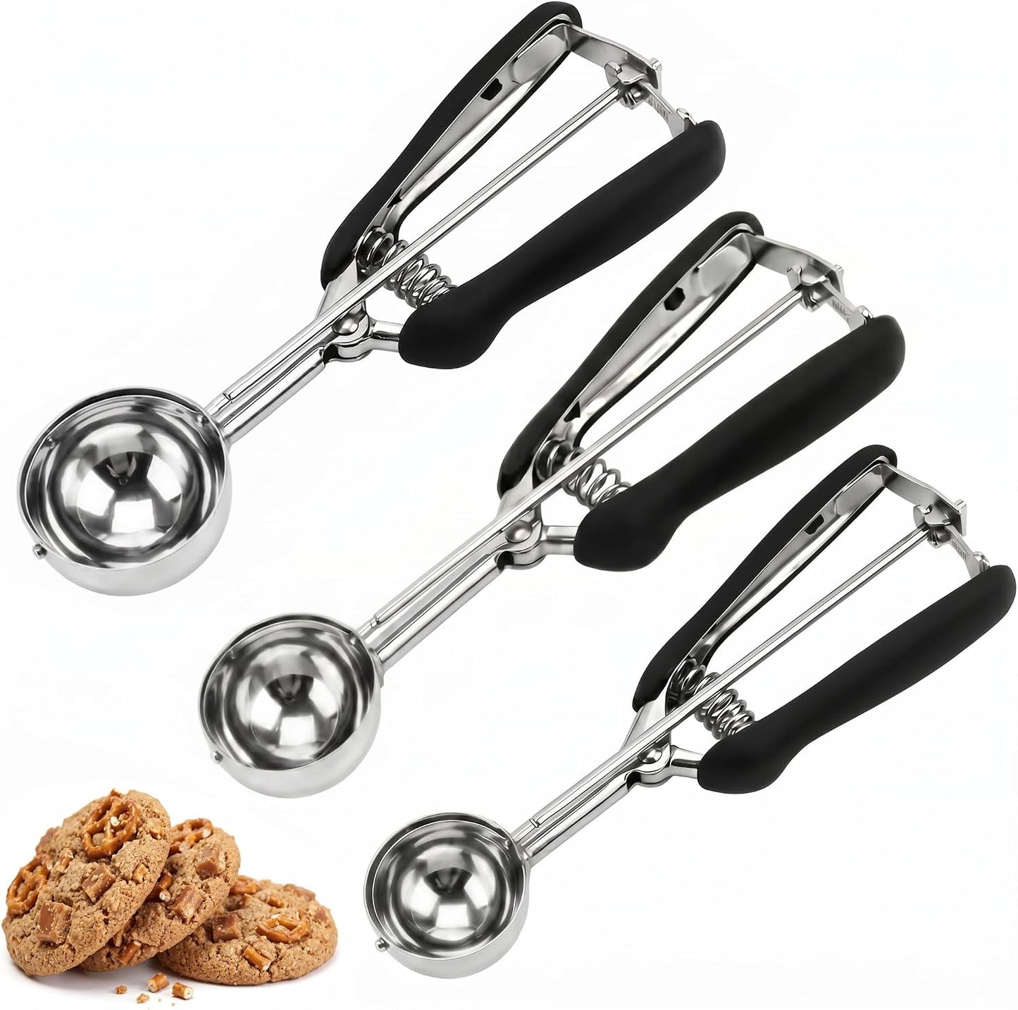 Cookie Scoop Set, 3Pcs Ice Cream Scoop, Cookie Scoops for Baking Set of 3, 18/8 Stainless Steel Cookie Scooper for Baking, Ice Cream Scooper with Trigger Release, Cookie Dough Scoop with Non-slip Grip