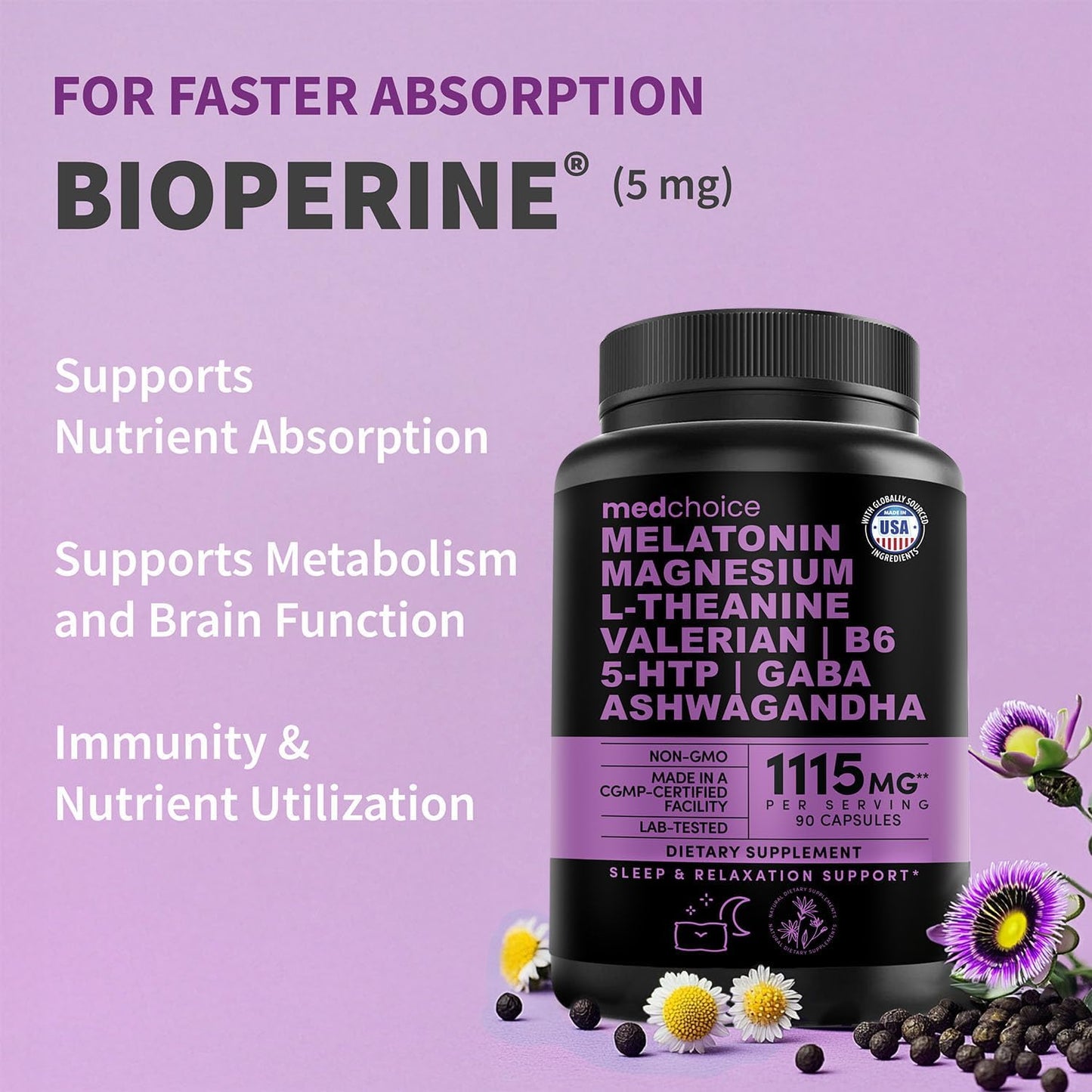 12-in-1 Melatonin Sleep Capsules - Natural Sleep Aids for Adults with Melatonin 5mg and Magnesium Glycinate 500mg, Sleep Aid with Ashwagandha, L Theanine, Valerian Root, GABA, 5-HTP (90ct, Pack of 1)