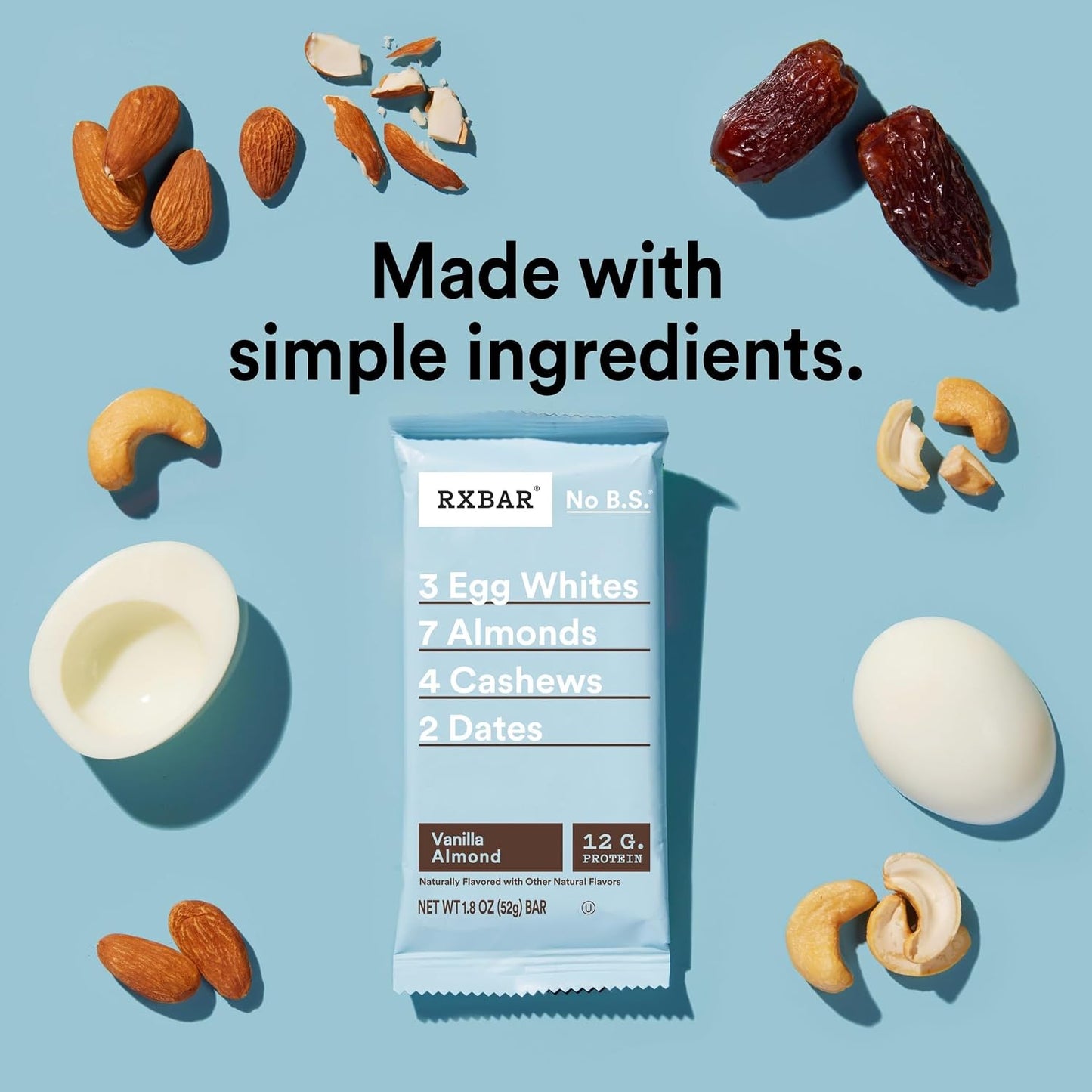 RXBAR Vanilla Almond Protein Bars, 12 Count, 22oz Box, Gluten Free, High Protein Snack