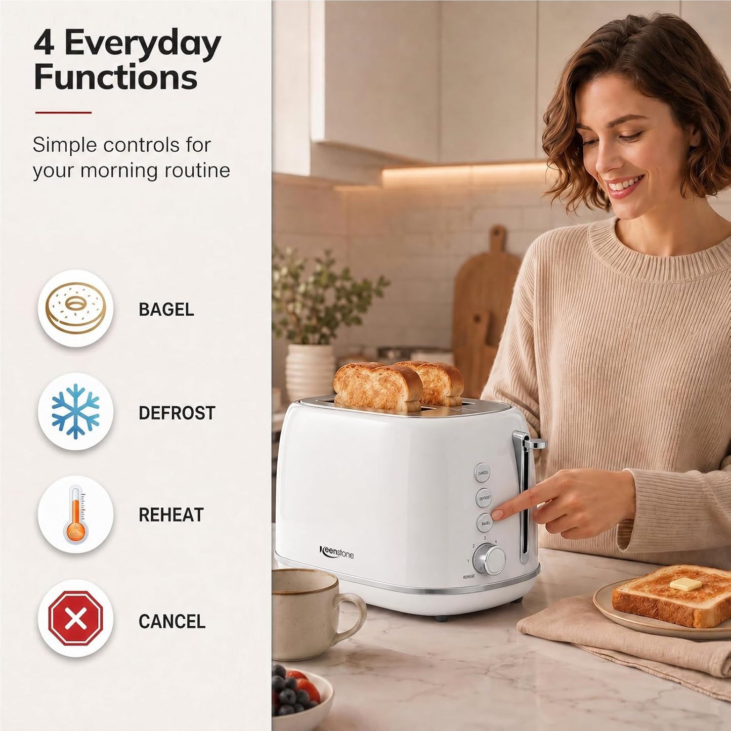 Keenstone 2 Slice Toaster, Retro Stainless Steel Kitchen Essentials, White | Retro Kitchen Decor, 18/8 Food-Grade Steel, 1.5” Slots & 6 Browning Levels, Bagel/ Defrost/ Reheat, Removable Crumb Tray