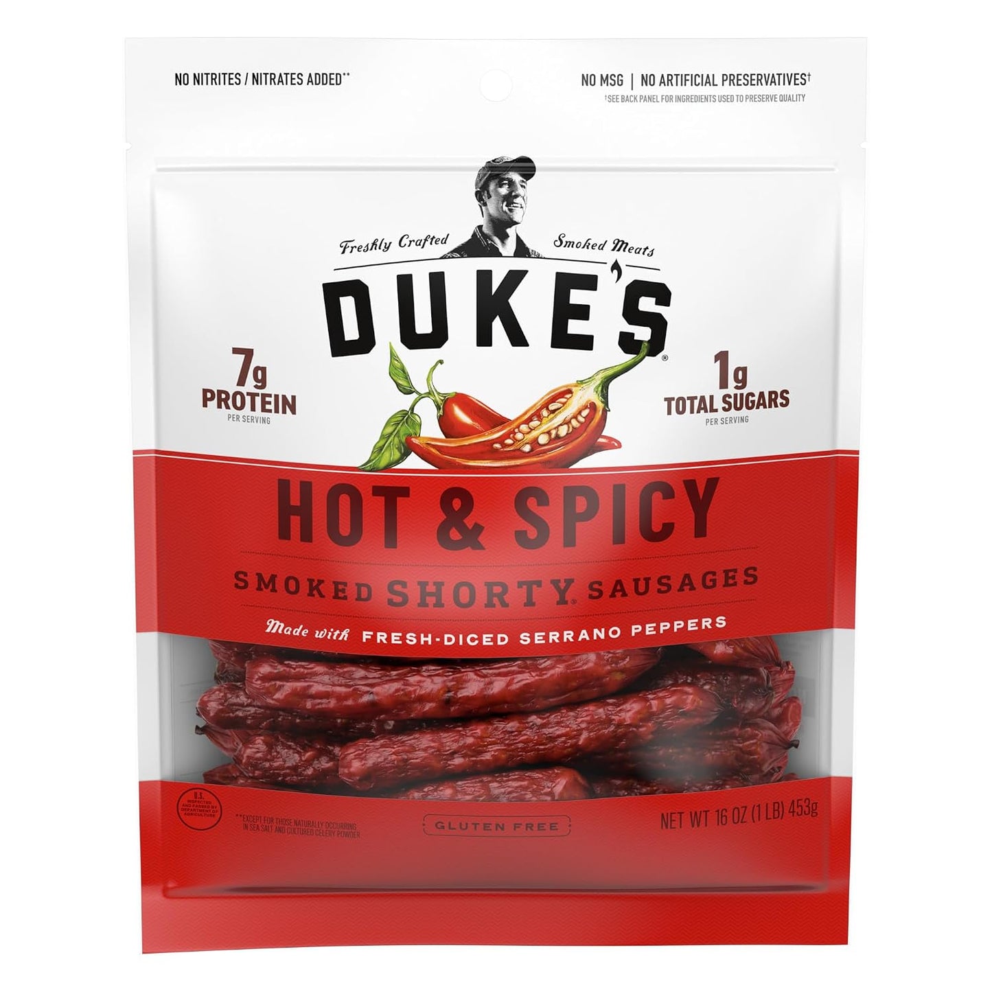 Duke's Pork Hot & Spicy Smoked Shorty Sausages, 16 oz, Gluten-Free Meat Snack
